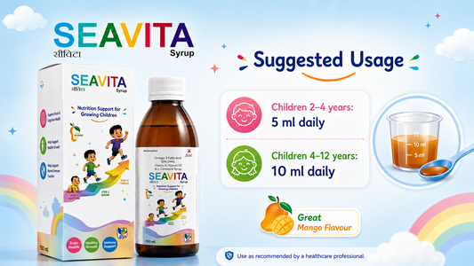 SEAVITA Syrup carton front showing omega-3 EPA DHA, Vitamin A, Vitamin D3 and L-Carnosine for growing children