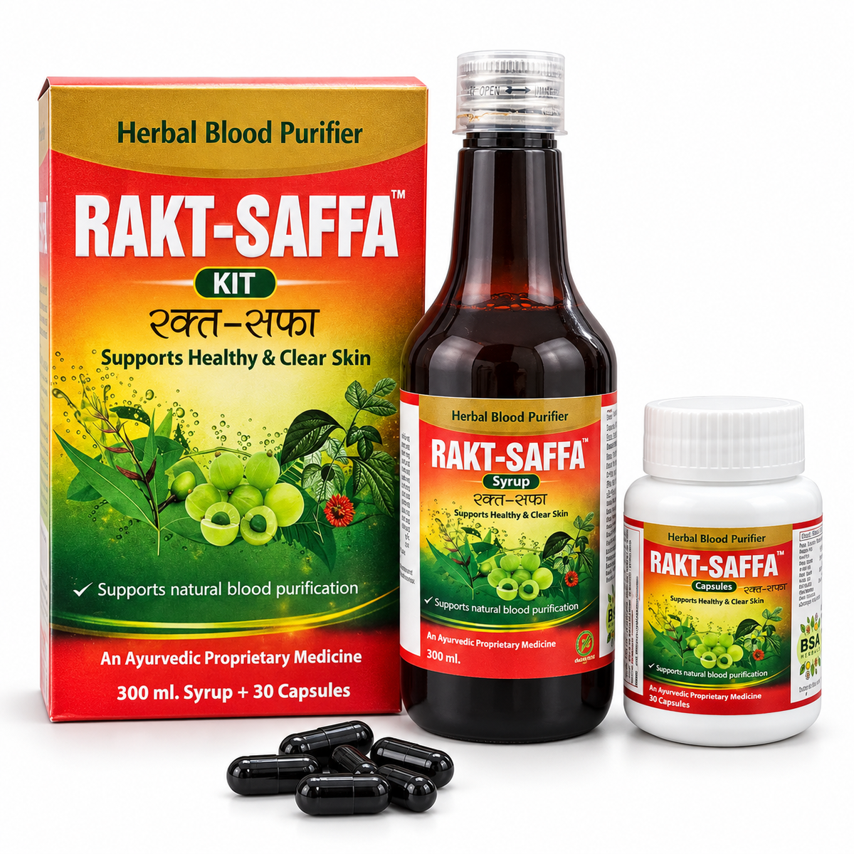 Rakt-Saffa Kit – Herbal Blood Purifier (300 ml Syrup + 30 Capsules)