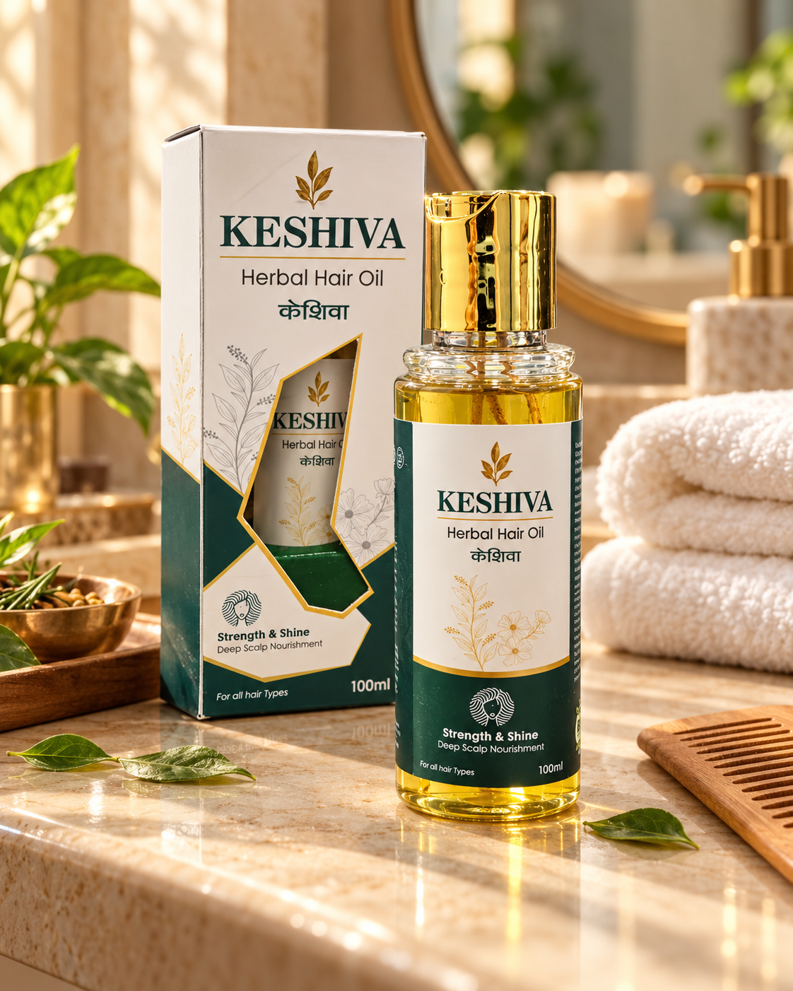 Keshiva Herbal Hair Oil 100ml on bathroom counter with wooden comb and towels