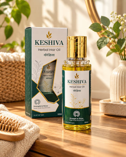 Keshiva Ayurvedic Herbal Hair Oil bottle and pack in natural home setting