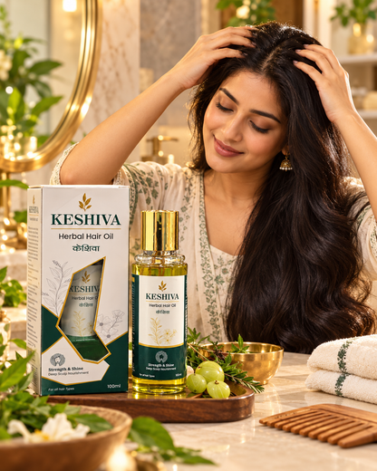 Woman massaging scalp with Keshiva Herbal Hair Oil for strong, shiny hair