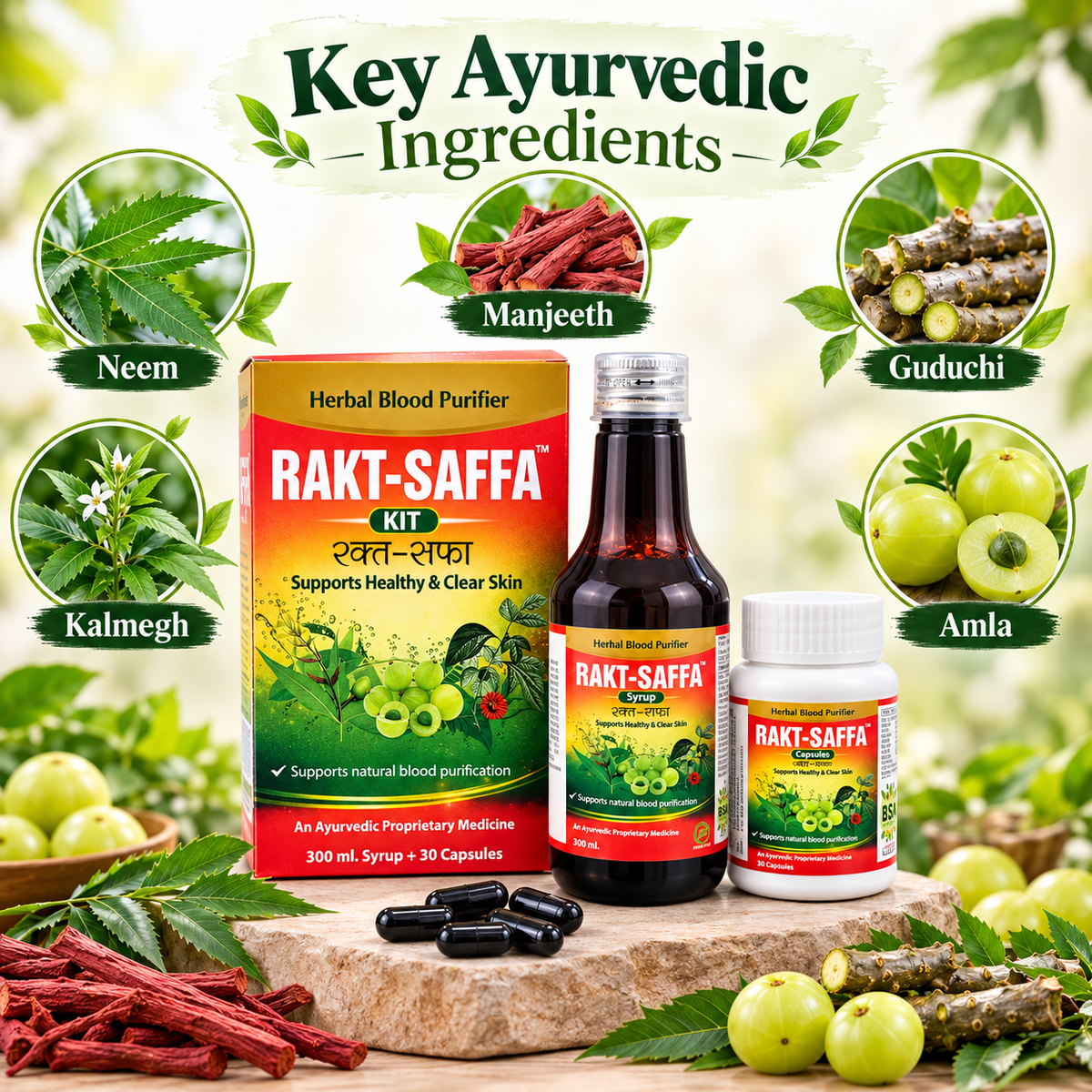 Rakt-Saffa Kit – Herbal Blood Purifier (300 ml Syrup + 30 Capsules)