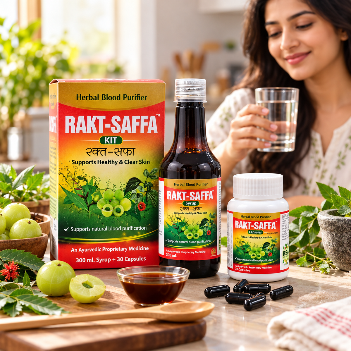 Rakt-Saffa Kit – Herbal Blood Purifier (300 ml Syrup + 30 Capsules)